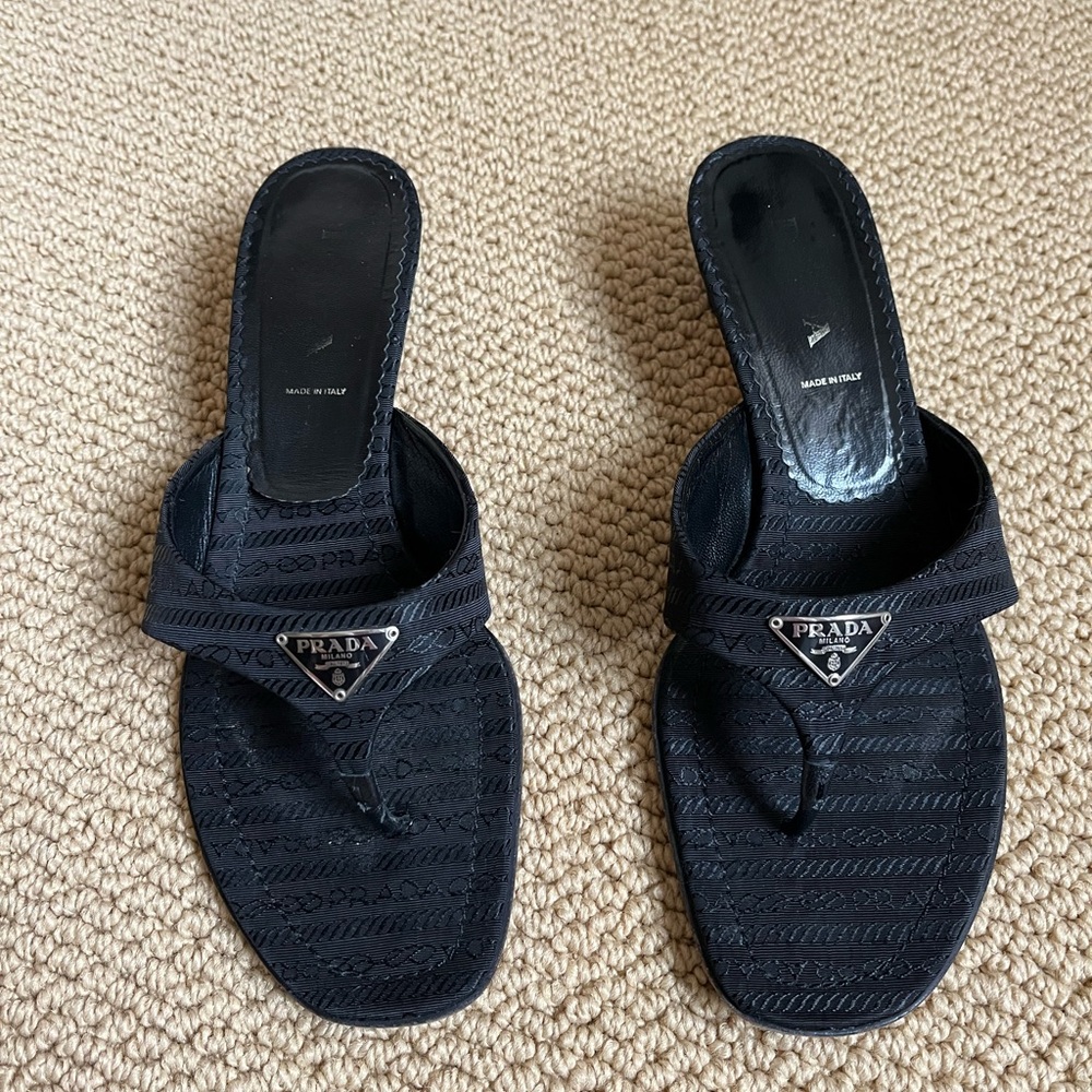 Prada Vintage Black Logo Toe-Post Sandals